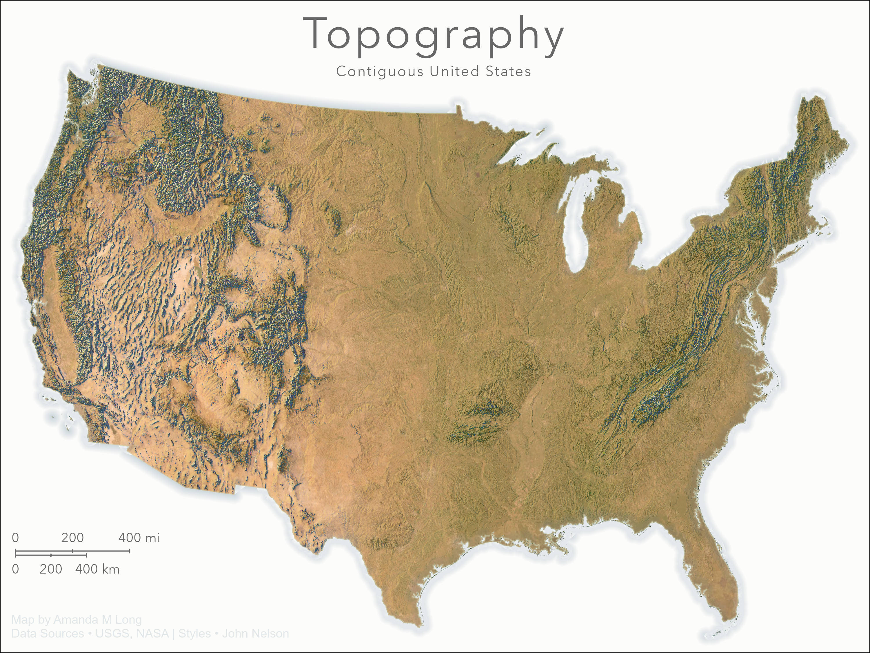 Map of Contiguous
                   			United States topography.